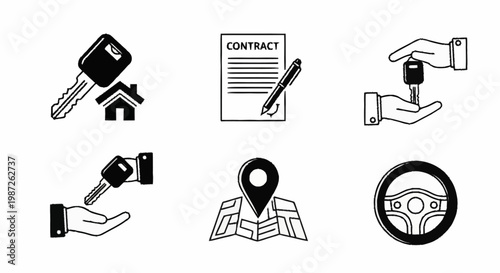 Real Estate and Car Rental Icons - Keys, Contract, Map, Steering Wheel.