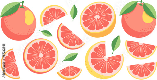 Grapefruit Icon Set Featuring Whole and Sliced Grapefruit with Pink Flesh for Food, Tropical, and Healthy Lifestyle Designs