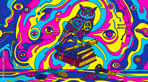Ornate Mechanical Owl On Levitating Books Pop Surrealism Flat Illustration With Bold Uniform Outlines