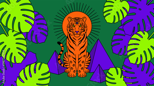 Majestic Three Eyed Tiger in Tropical Jungle with Geometric Shapes, Pop Surrealism Flat Illustration Style