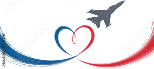 Patriotic fighter jet silhouette flying with heart shaped vapor trail in national flag colors