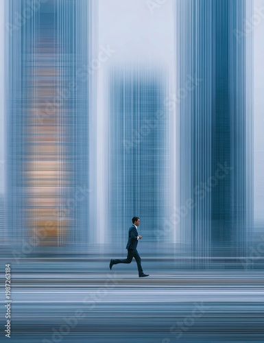 Businessman running through blurred city