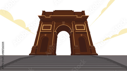 Stylized architectural perspective of a classic neoclassical triumphal arch at sunset