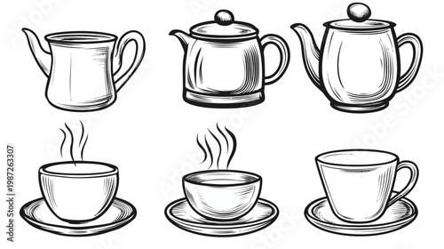 Monochrome illustration of teapots and teacups, suggesting warmth and beverages