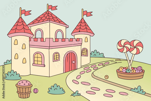 Candy castle courtyard cartoon background simple vector illustration