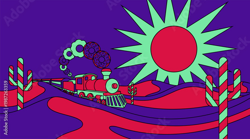 Whimsical Desert Locomotive Puffing Donut Smoke Rings Pop Surrealism Flat Illustration with Bold Outlines