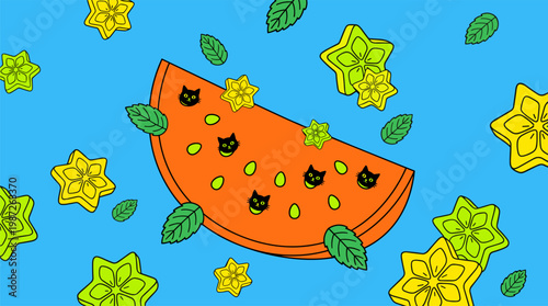Giant Sliced Watermelon With Kitten Seeds Pop Surrealism Flat Illustration With Bold Outlines