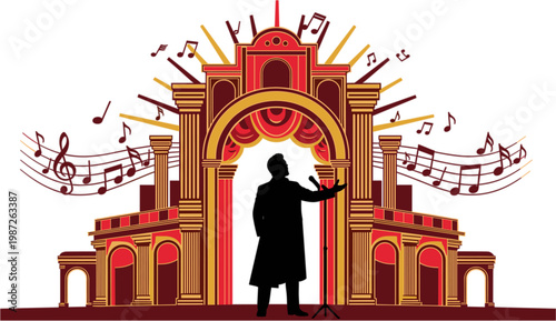 Orchestra Conductor Silhouette on Grand Stage with Musical Notes and Ornate Theatre Architecture Vector Illustration