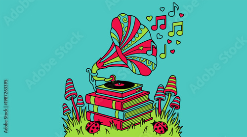 Vintage Flower Gramophone With Musical Notes On Stacked Books Pop Surrealism Flat Illustration With Bold Outlines