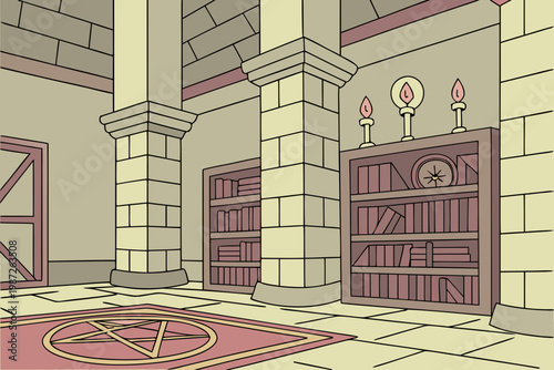 Arcane tower interior cartoon background simple vector illustration