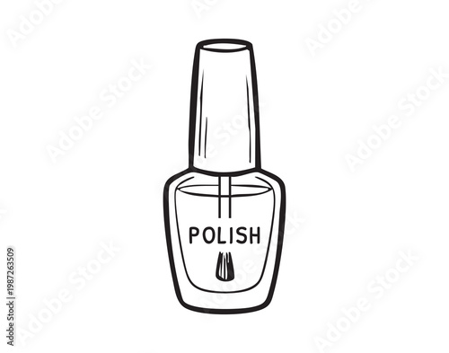 Nail polish bottle black ink sketch presenting compact cosmetic container, clean line art with cap and drip icon, studio mockup for branding and packaging, minimal monochrome aesthetic, product focus