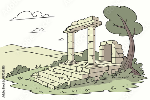 Ancient stone altar ruins cartoon background simple vector illustration
