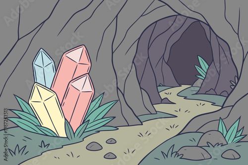 Mystic cave glowing crystals cartoon simple vector illustration