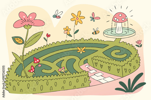 Enchanted garden maze cartoon background simple vector illustration
