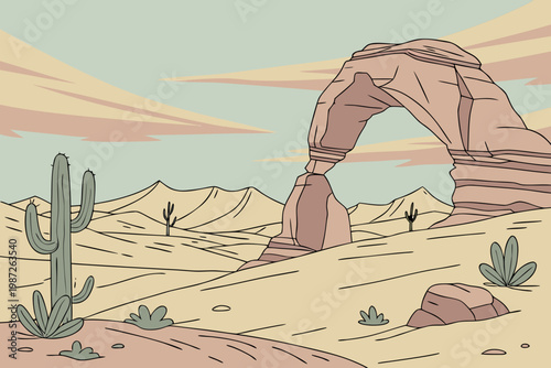 Rock arch desert landscape cartoon simple vector illustration