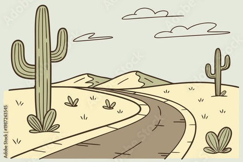 Desert road with cacti cartoon background simple vector illustration