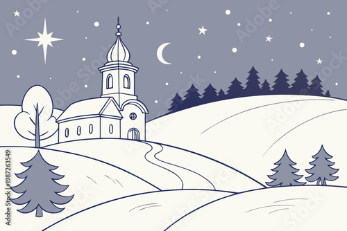 Snowy hills under stars cartoon background simple vector illustration