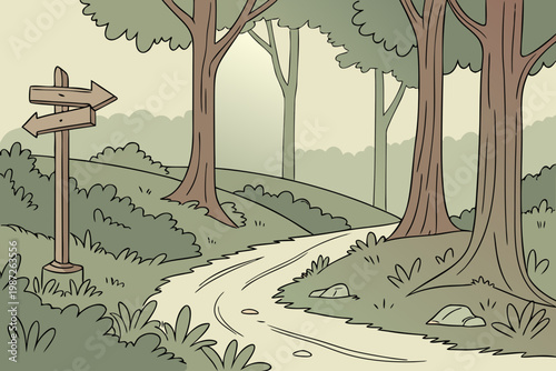 Forest trail with signpost cartoon background simple vector illustration
