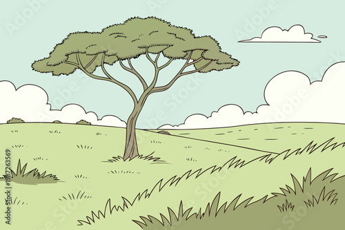 Open grassland with lone tree cartoon simple vector illustration