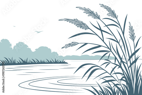 Quiet lake with reeds cartoon background simple vector illustration