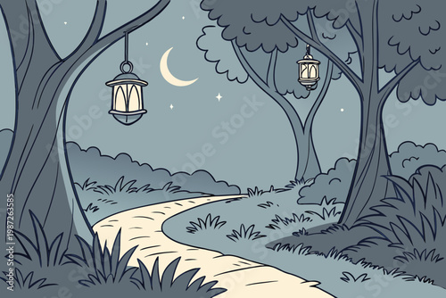 Floating lantern forest path cartoon simple vector illustration