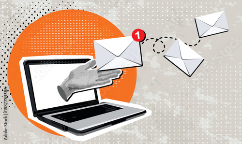 Retro Halftone Collage Laptop and envelope e-mail list building illustration. Vintage halftone dotted effect retro collage cut-out element. Modern photo collage