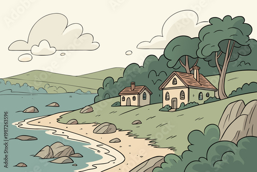 Coastal village hillside cartoon background simple vector illustration