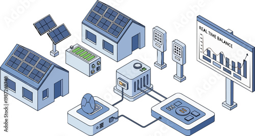 Isometric Illustration of a Smart Grid Energy Management System with Solar Power, Battery Storage, EV Charging Stations, and Real-Time Monitoring Dashboard