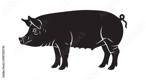 Detailed black silhouette of a pig standing in profile view, showcasing farm animal illustration.
