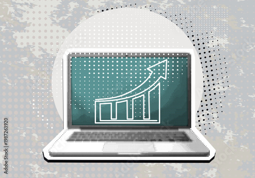 Data analytics concept. Halftone hand draws sales graph. Modern collage design. Pop art. Growth chart. Successful business performance. Business data graph on screen laptop. Achieving high results