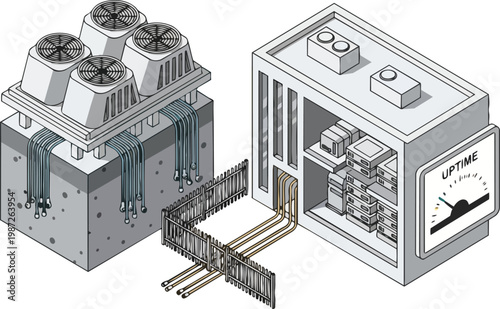 Isometric Data Center Infrastructure Illustration with Industrial Cooling Units and Uptime Performance Meter for Cloud Computing and IT Management Concepts