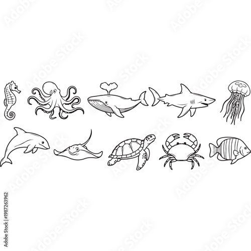 Underwater creatures in a line drawing style