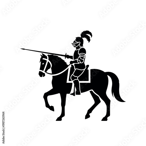 Silhouette of a Knight in Full Armor on Horseback Holding a Lance.