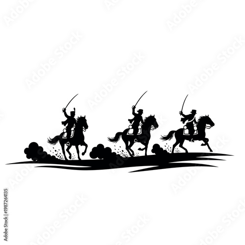 Silhouette of Cavalry Soldiers Charging on Horseback.