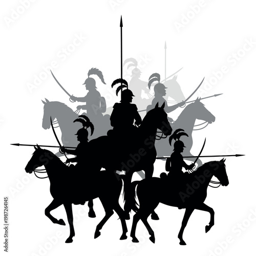 Silhouette of Cavalry Soldiers on Horseback with Swords and Spears.