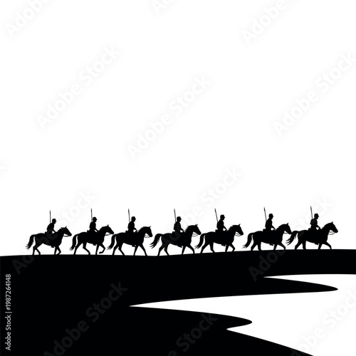 Silhouette of Cavalry Soldiers Riding Horses in Formation.