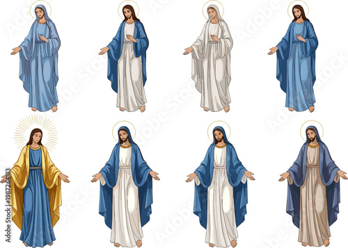 Set of Jesus Christ and Virgin Mary Religious Illustrations with Sacred Heart, Holy Figures, Christian Icons, Spiritual Faith, Worship, and Catholic Devotional Art Collection