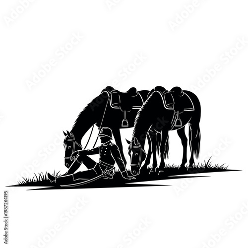 Soldier Resting with Horses Silhouette.