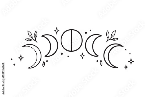 Lunar phases graphic showing crescent to full, stars and botanical accents, boho astrology motif for ritual charts, mystical tattoo layout, astrologer sketching cosmic timeline, serene celestial