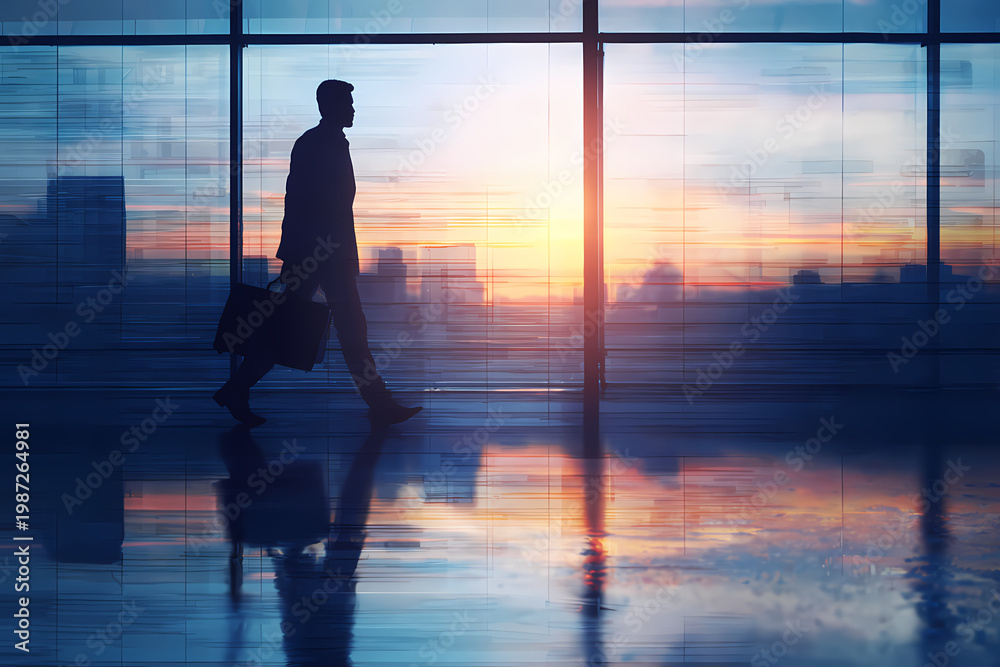 Fototapeta premium Homme d'affaires marchant dans un immeuble de bureaux moderne au coucher du soleil