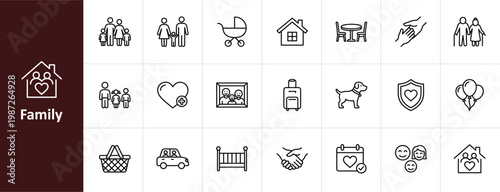 Family and Household Lifestyle Line Icon Set - Minimalist Parenting, Relationships, and Home Vector Illustrations