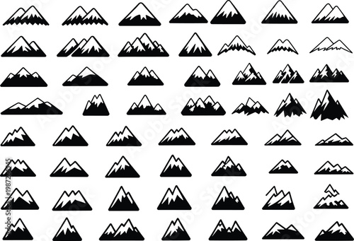 Minimal mountain icon set featuring diverse alpine silhouettes, black vector peaks, outdoor landscape symbols, hiking adventure graphics, logo elements, and nature-inspired design collection