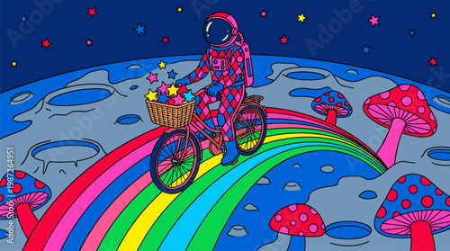 Astronaut Riding Bicycle with Stars Pop Surrealism Flat Illustration with Bold Outlines