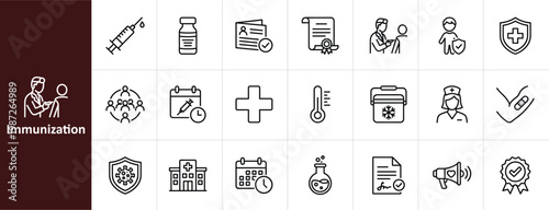 Immunization and Vaccination Line Icon Set - Minimalist Healthcare, Medical Research, and Vaccine Logistics Vector Illustrations