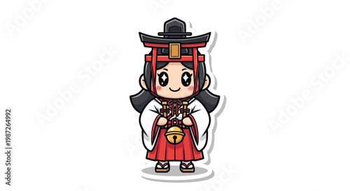 Cute Miko Girl Holding Bell, Japanese Shrine Maiden Character Illustration