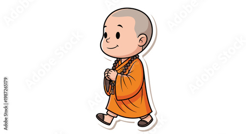Obraz na plátně Cute Cartoon Buddhist Monk Walking, Holding Prayer Beads, Smiling