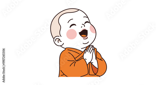 Happy Young Monk Praying with Folded Hands, Buddhist Child Smiling