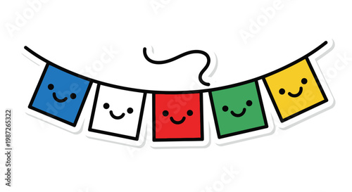 Photos Cute Prayer Flags Garland with Smiling Faces, Kawaii Style, Isolated