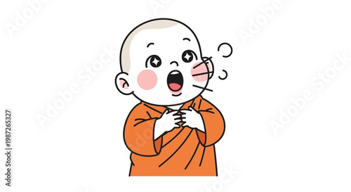 Cute Toddler Monk With Open Mouth and Surprised Expression, Wearing Orange Robe, Isolated on White Background