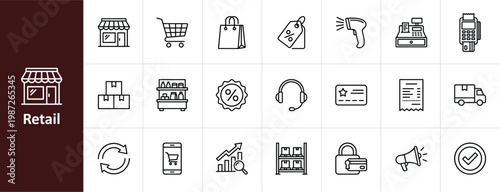 Retail and E-commerce Shopping Line Icon Set - Minimalist Storefront, Logistics, and Online Payment Vector Illustrations